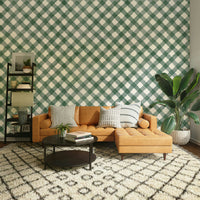 Elegant hand-painted dark green gingham wallpaper for festive decor

