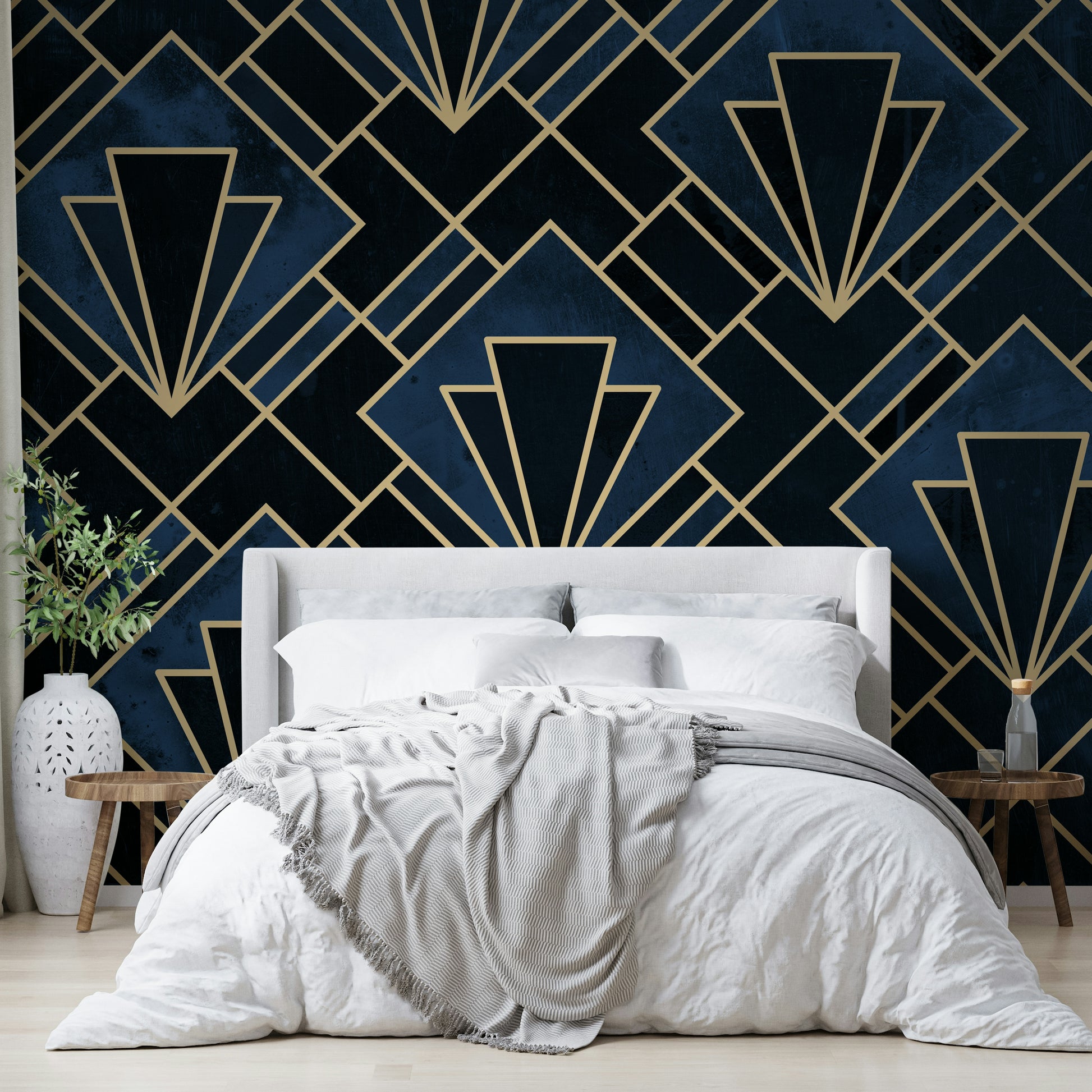 Intricate geometric pattern in navy and gold for feature wall

