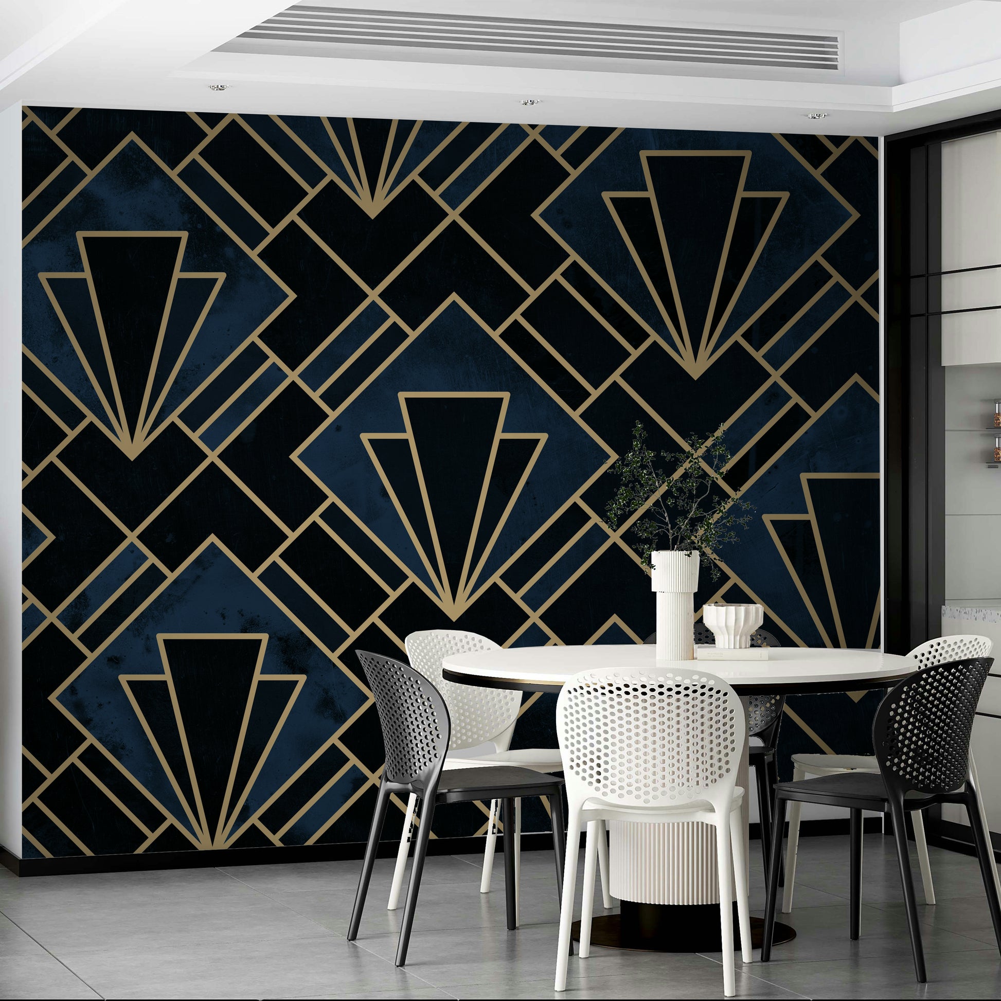 Stunning navy blue mosaic wall mural with golden geometric design

