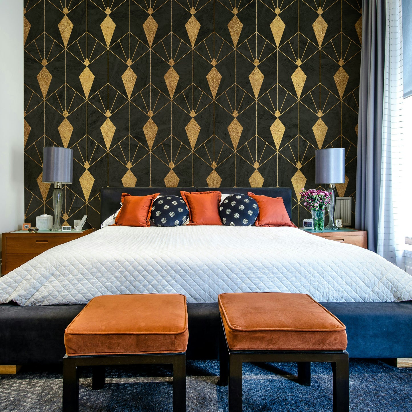 Geometric patterns in black and gold for a glamorous feature wall

