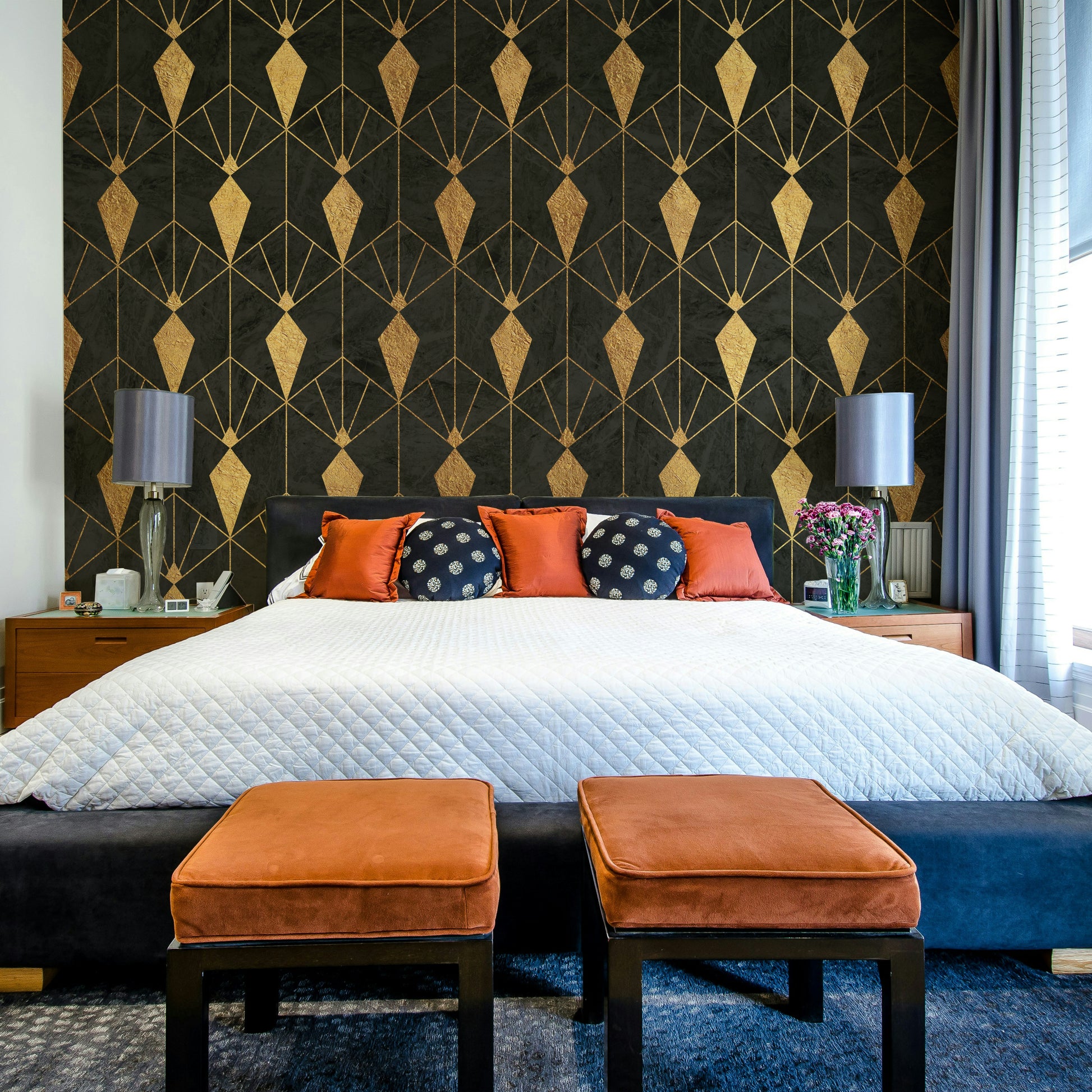 Geometric patterns in black and gold for a glamorous feature wall

