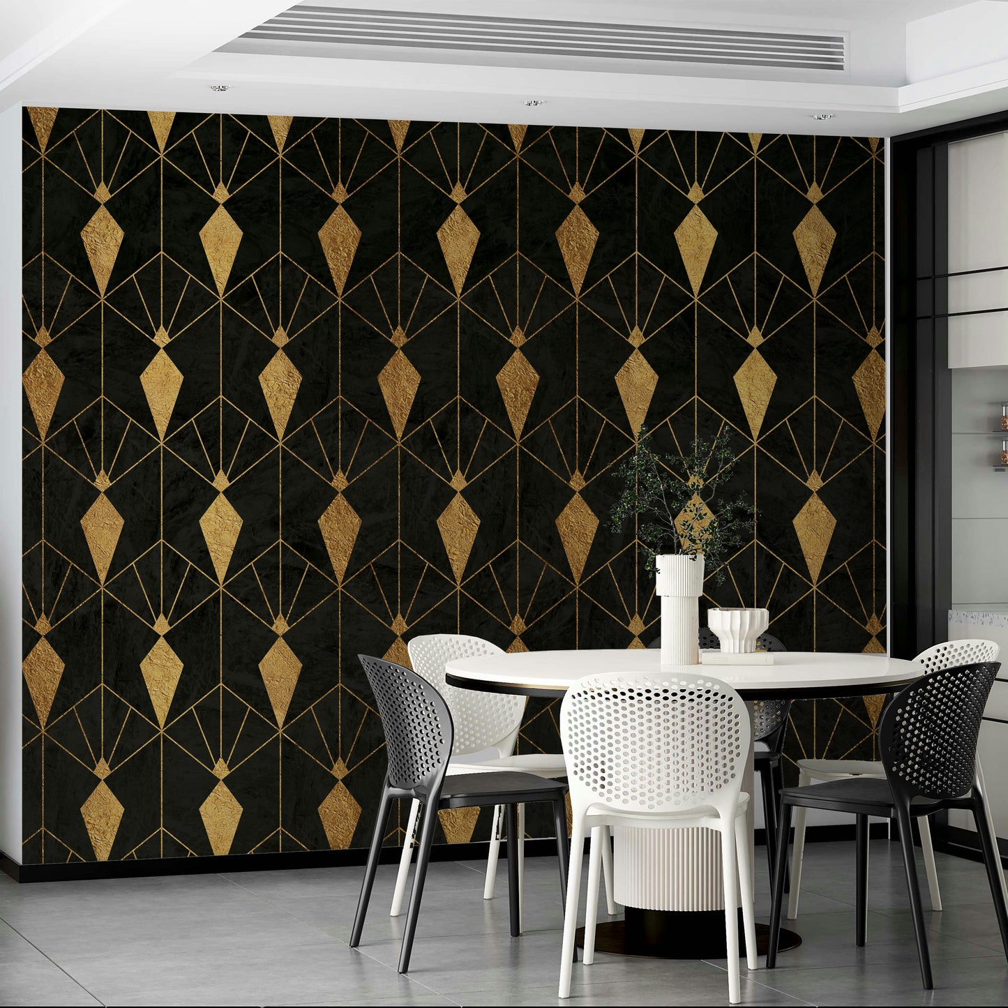 Bold black and gold geometric mural for elegant home decor

