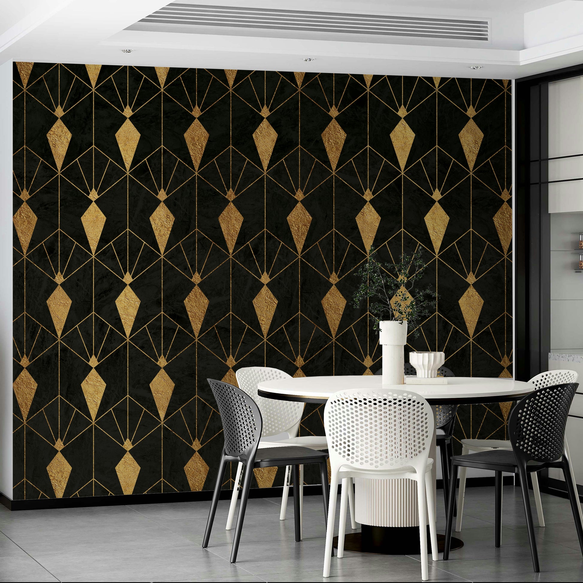Bold black and gold geometric mural for elegant home decor

