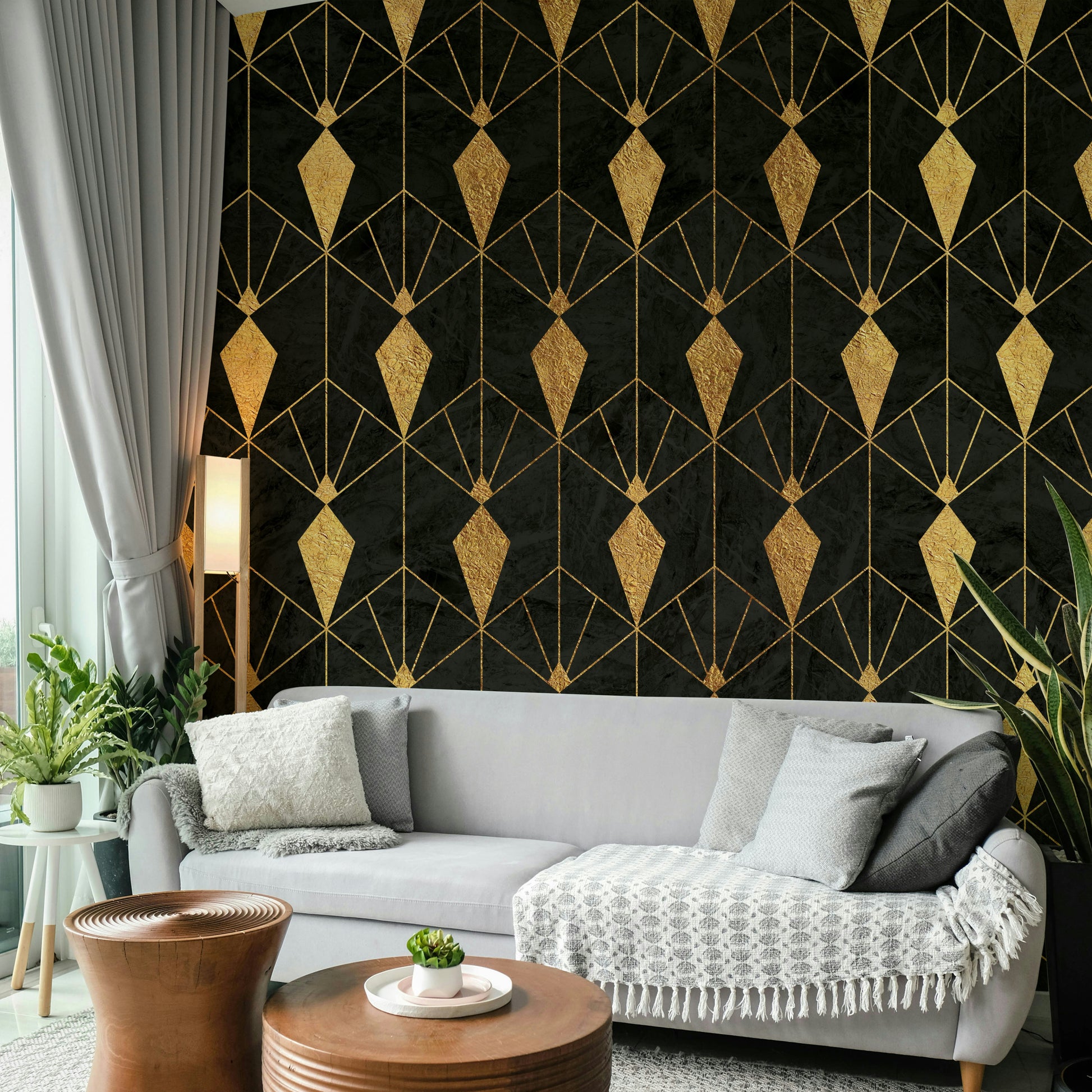 Stunning Art Deco mural with sharp lines and gold accents

