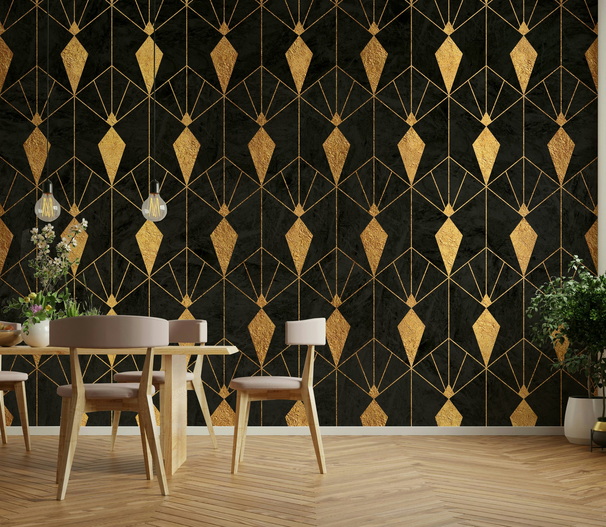 Opulent geometric mural in black and gold for a luxurious room

