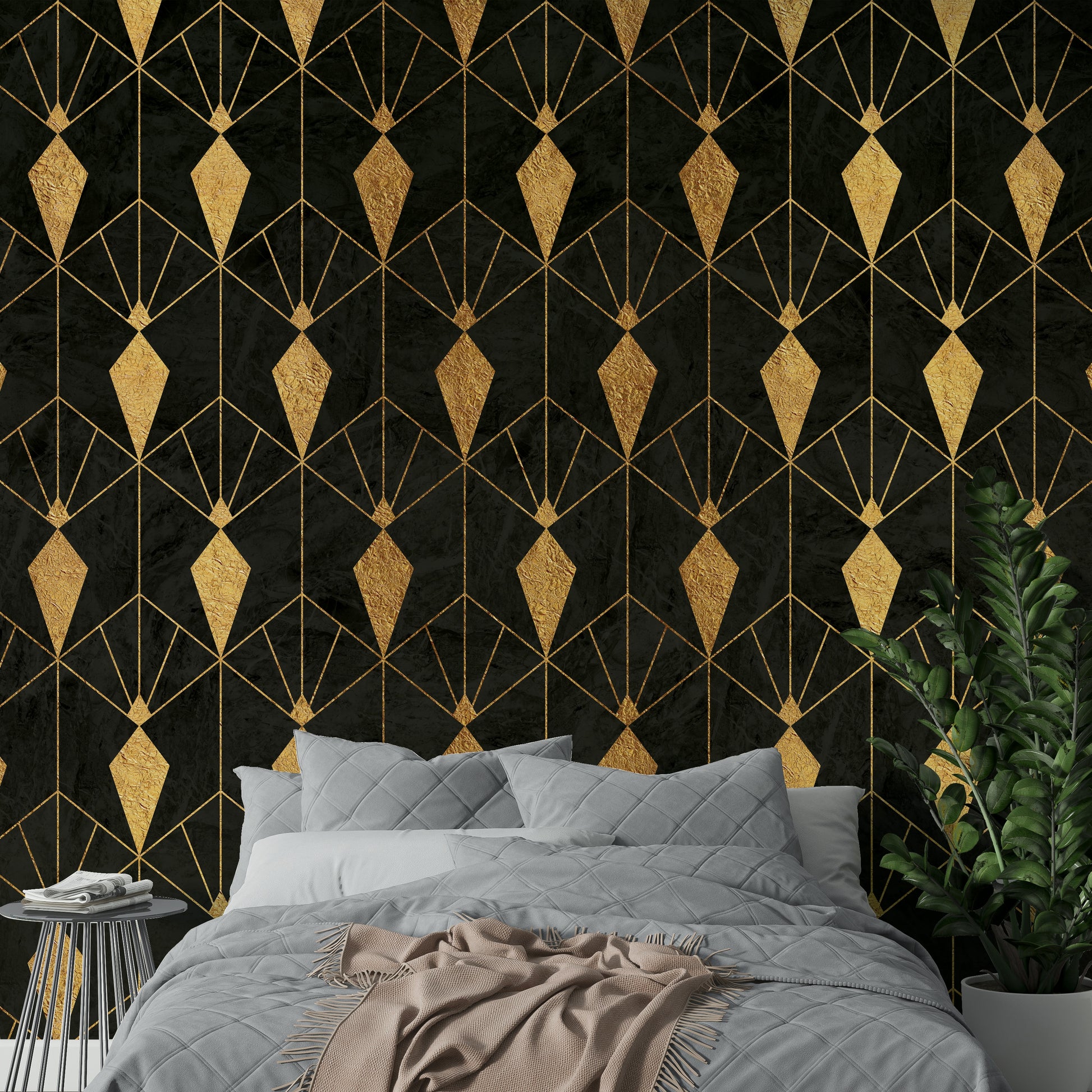 Black Art Deco Night mural with intricate geometric patterns

