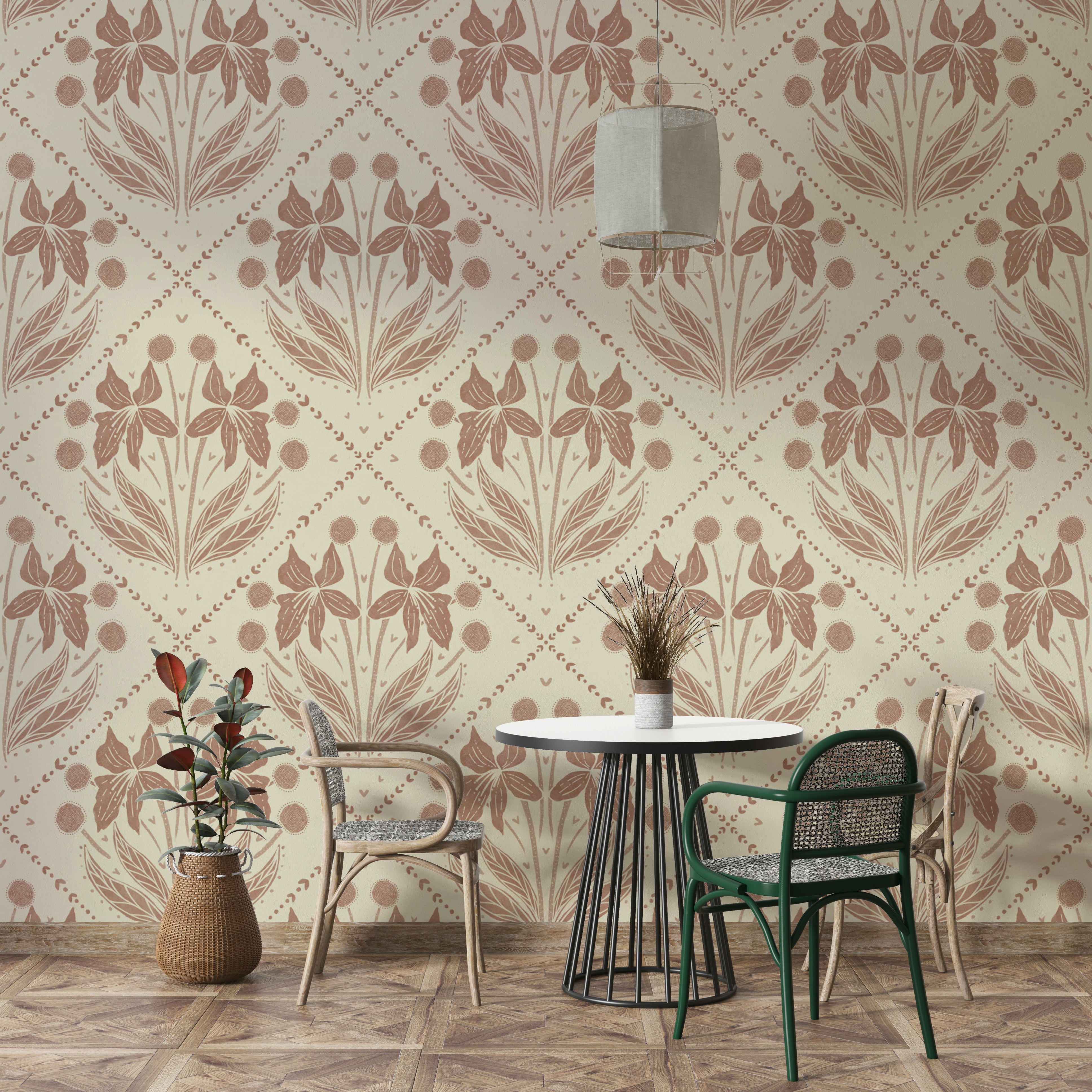 Elegant terracotta floral wallpaper with earthy tones

