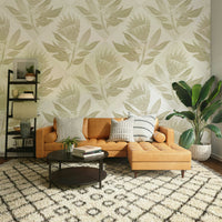 Sage-colored protea wallpaper adding sophistication to any room

