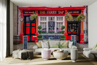 Vintage cafe mural wallpaper with welcoming pub storefront

