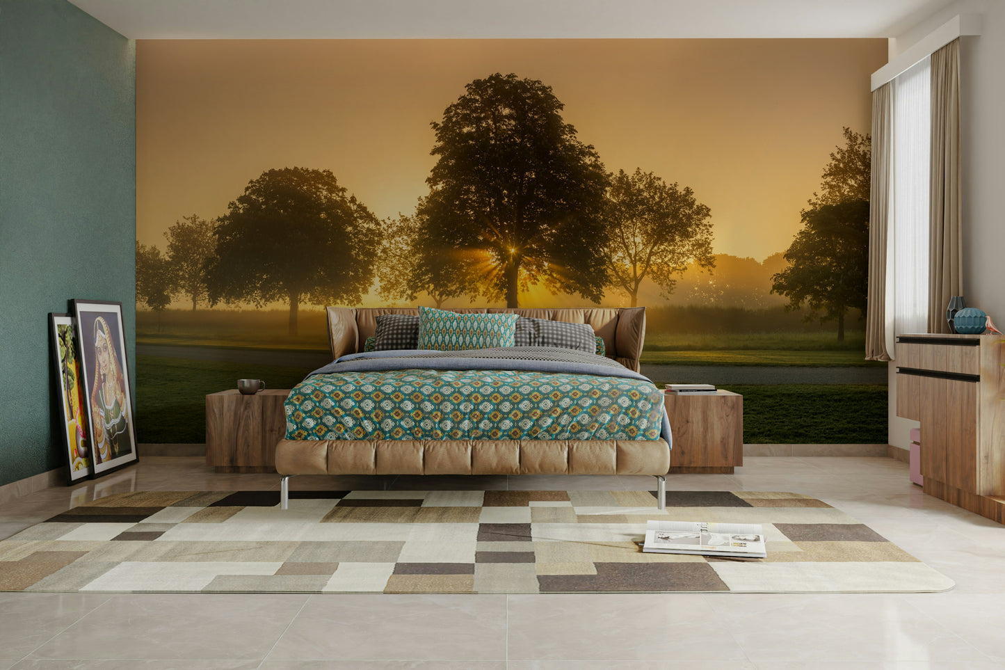 Serene sunrise wallpaper mural with amber and pink tones

