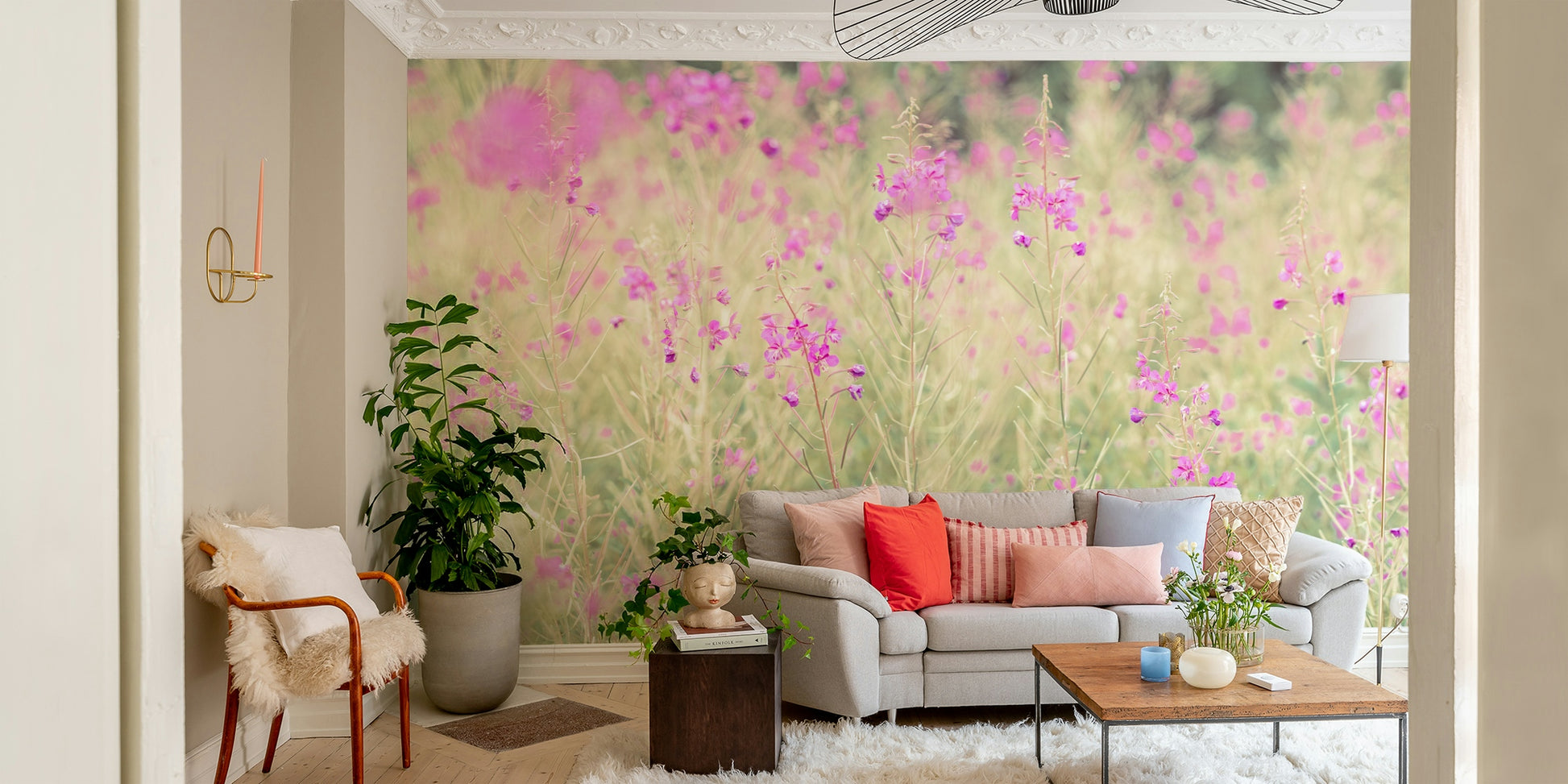 Light and airy floral wall mural with pastel hues

