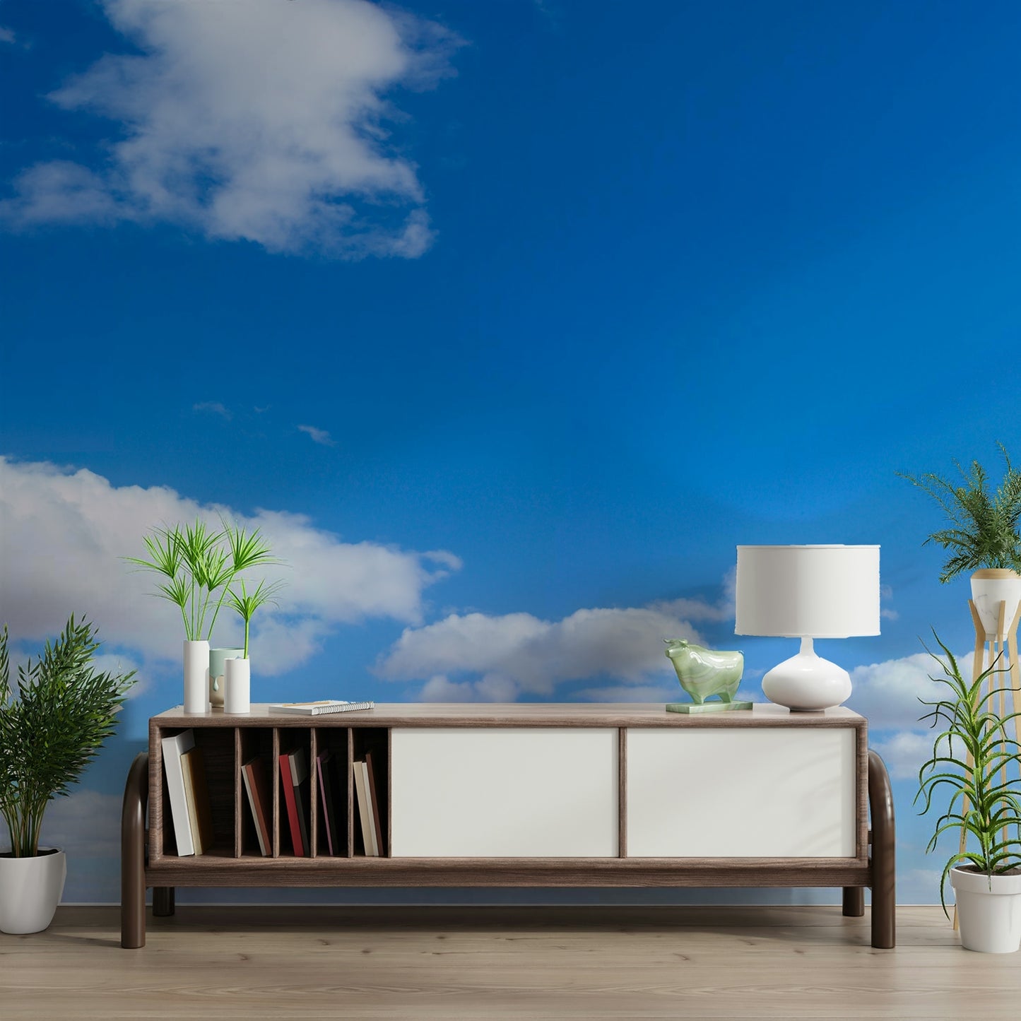 Blue wall mural creating a serene atmosphere in the room

