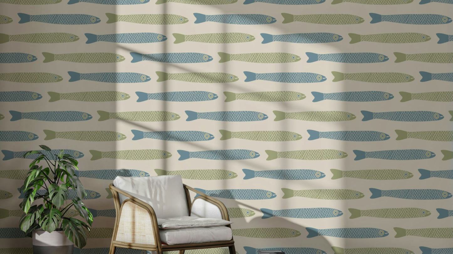 Anchovies retro fish wallpaper design
