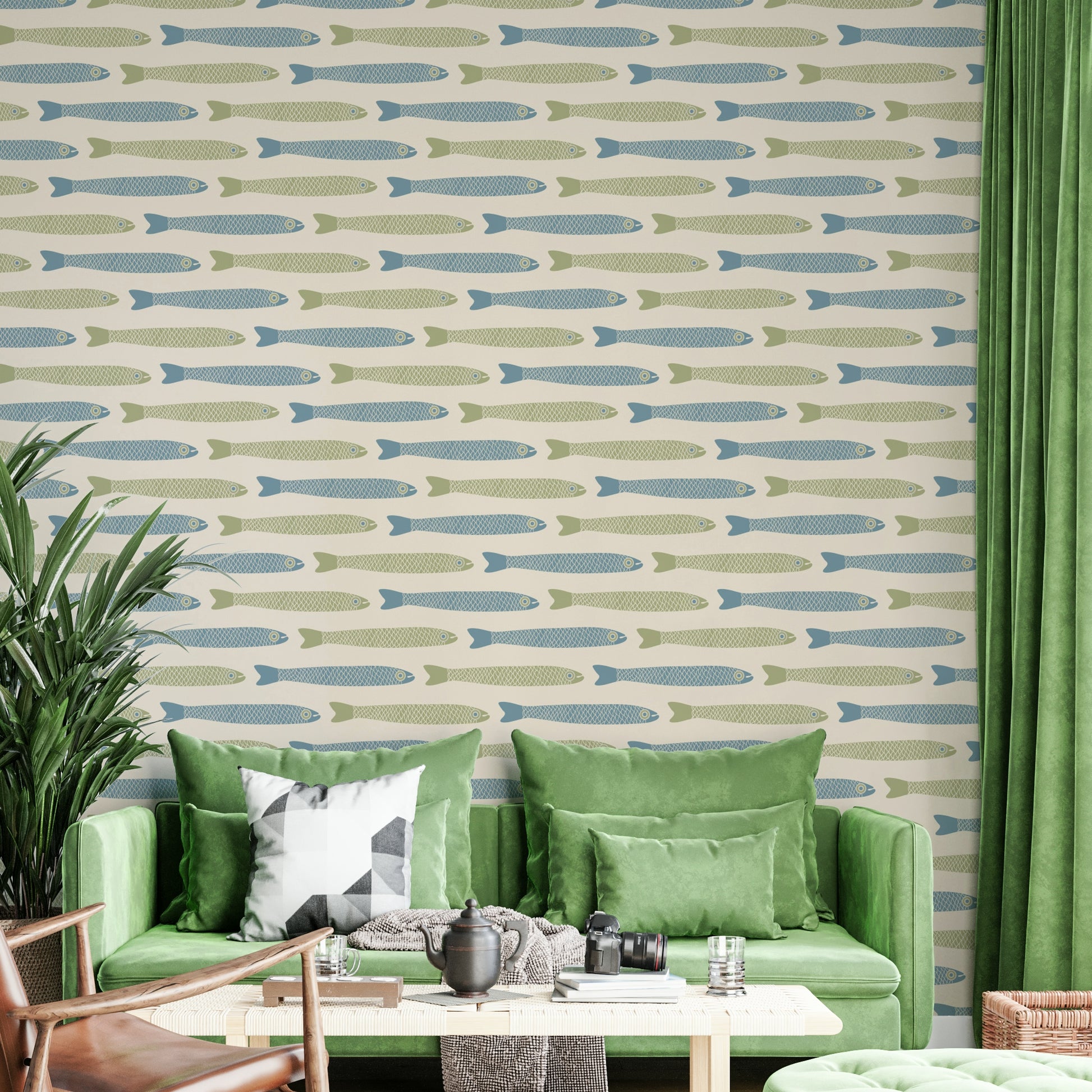 Hand-drawn fish pattern mural wallpaper
