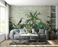 Birds and leaves mural with vintage map background