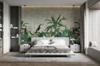 Detailed parrot and toucan wallpaper in muted tones

