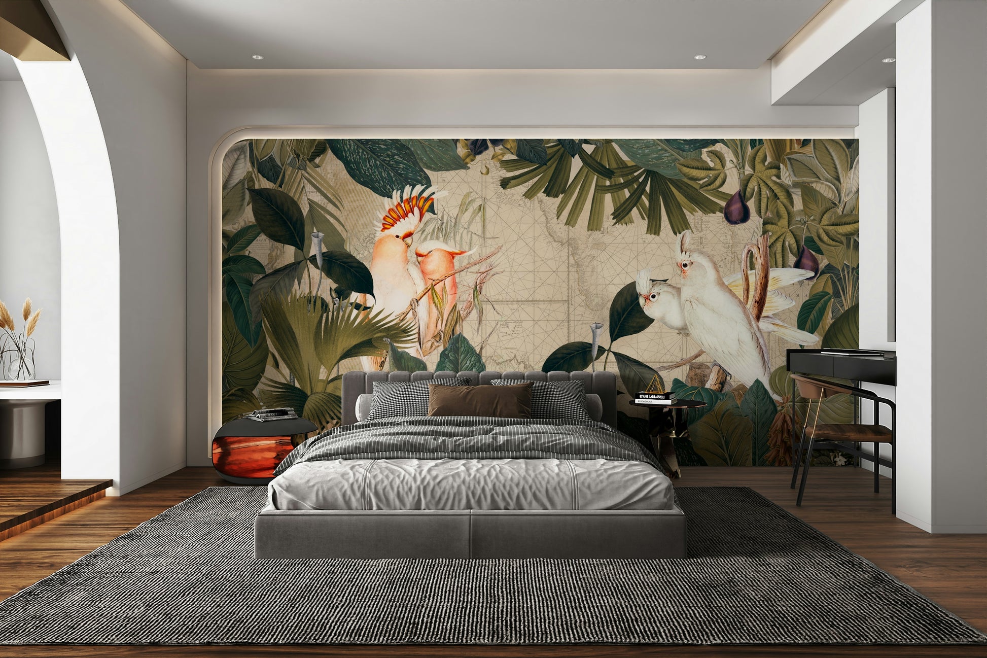 Wall mural with birds, foliage, and vintage charm

