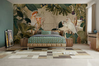 Illustrated cockatoo wall mural in soft tones

