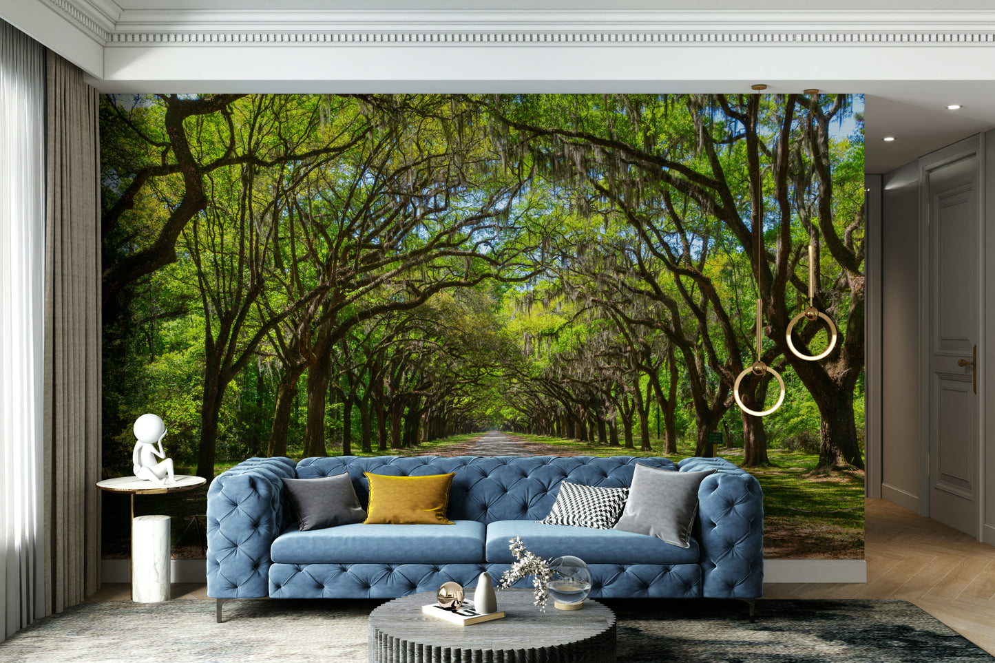 Shaded forest path wallpaper design
