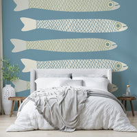 Soft blue vintage fish wallpaper
