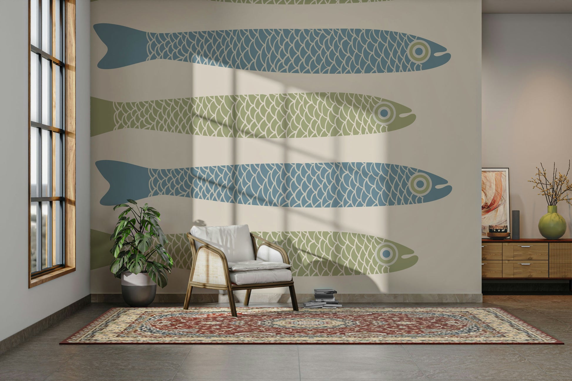 Retro seafood wallpaper with soft colors
