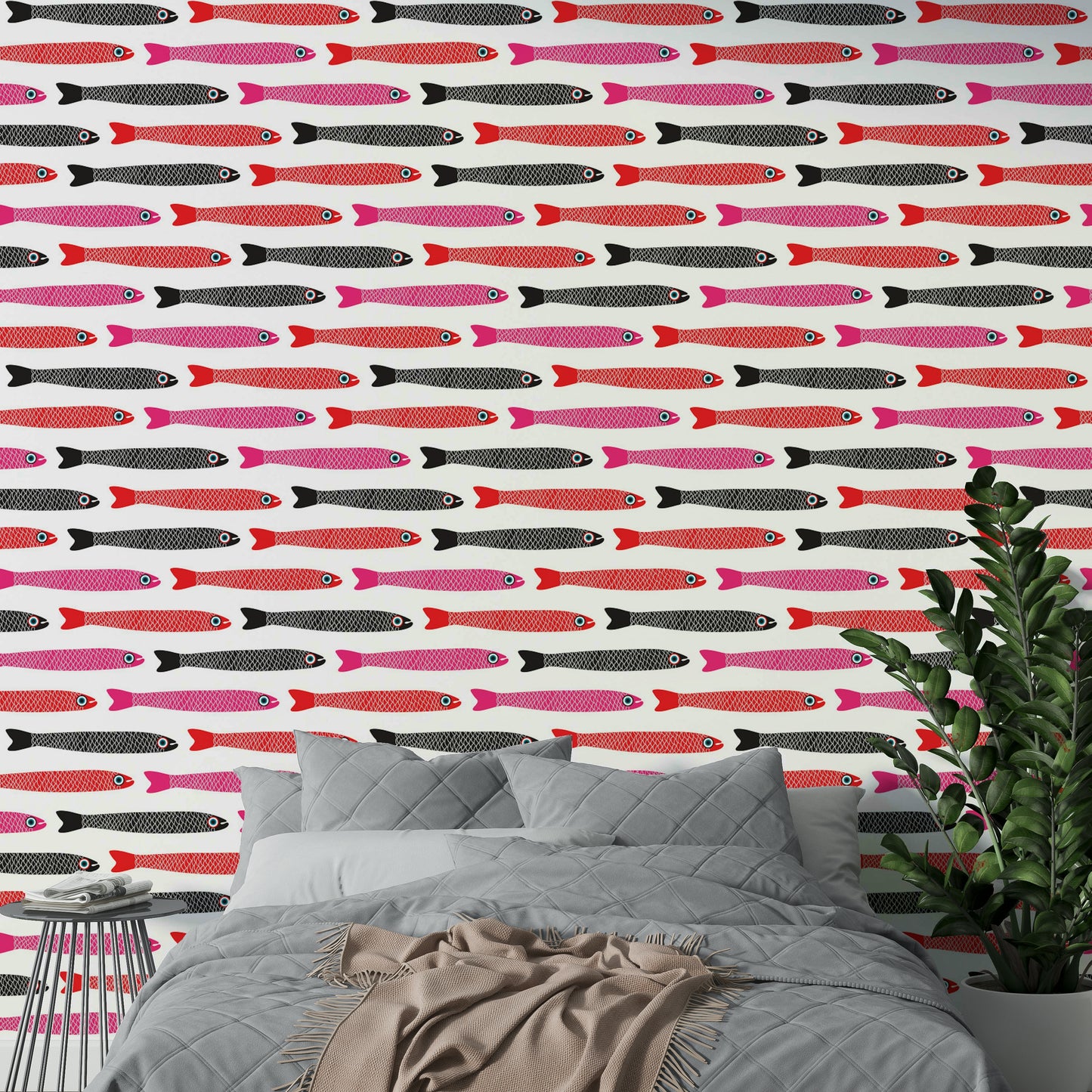 Red pink black fish on white background
