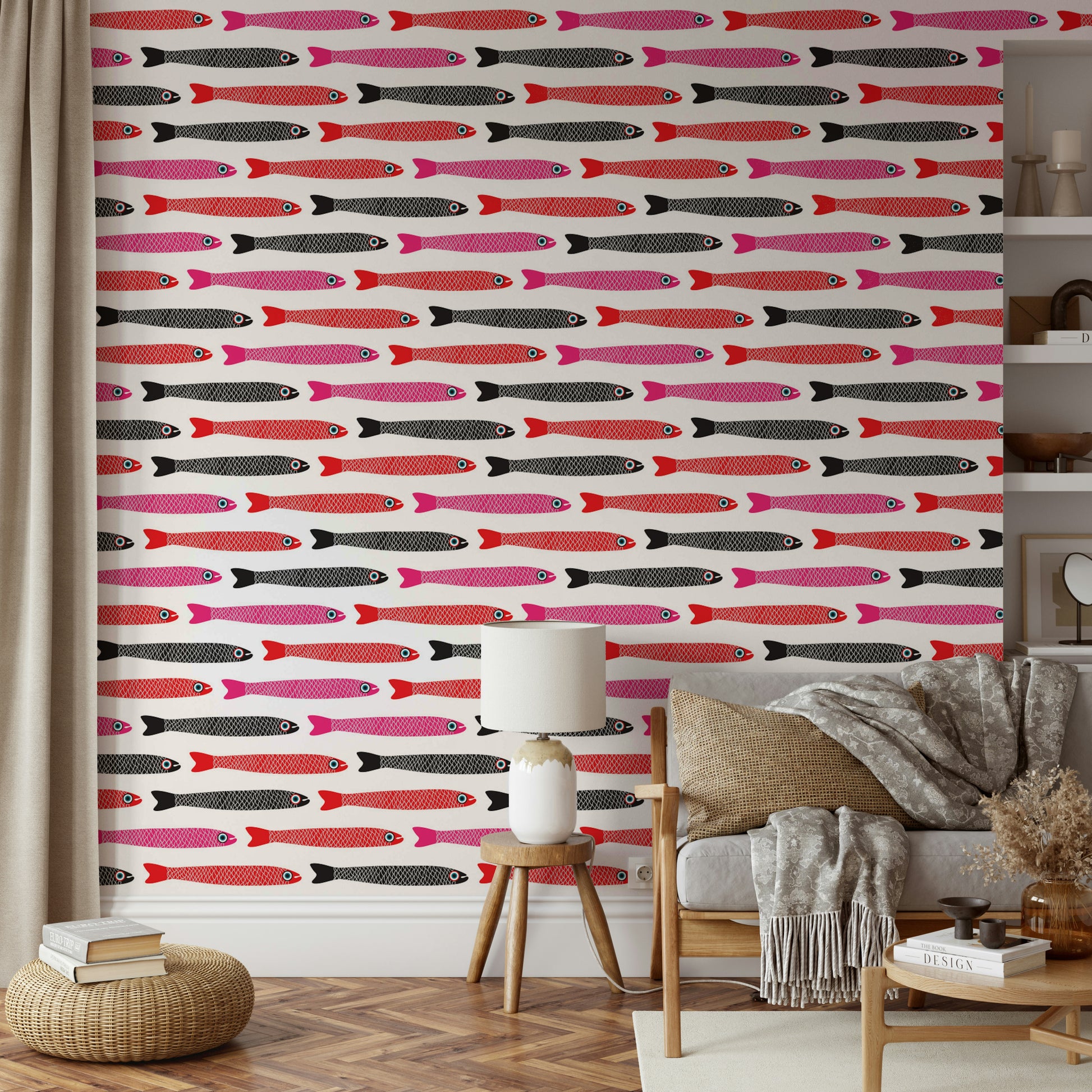 Retro seafood-inspired wallpaper design
