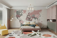 Blush and green world atlas mural

