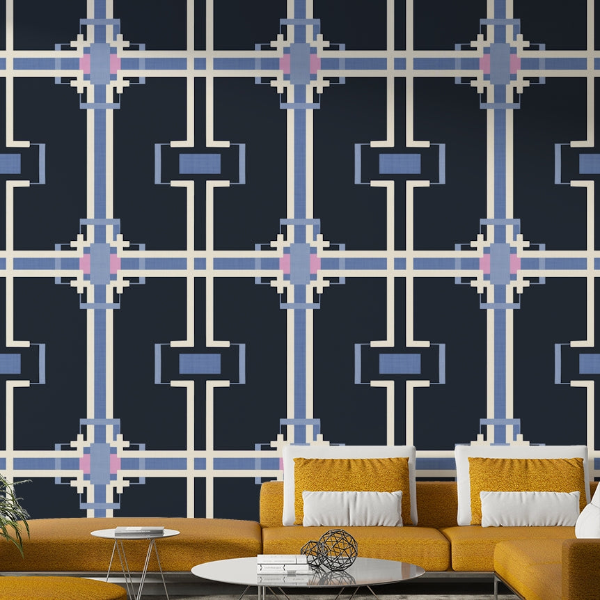 Navy and cream grid pattern wallpaper

