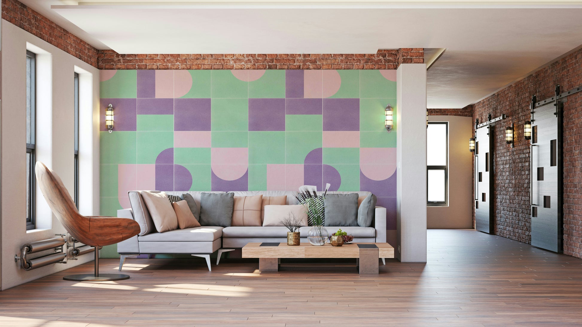 Ochre and sage tile pattern mural

