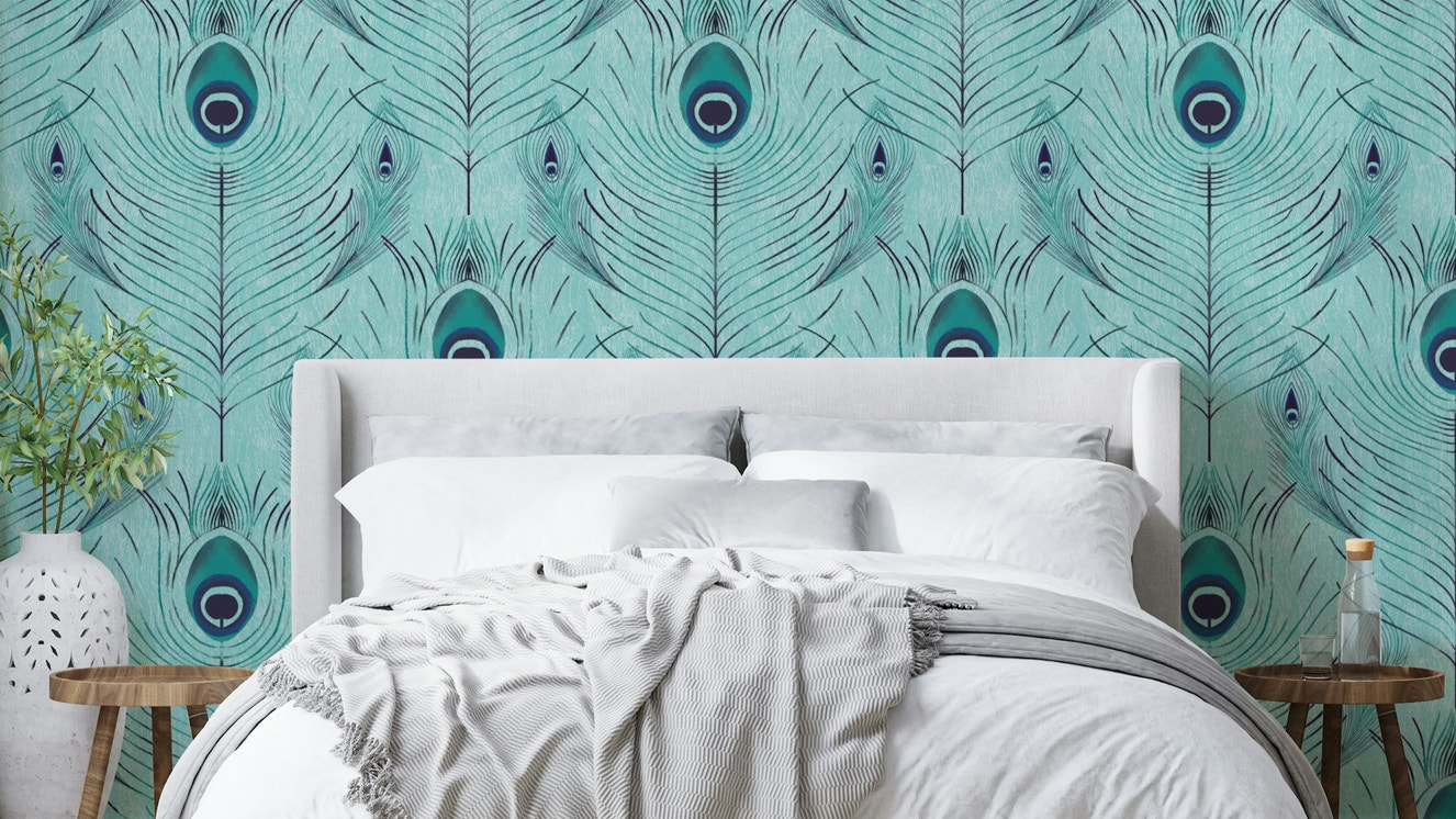 Peacock-themed wallpaper mural

