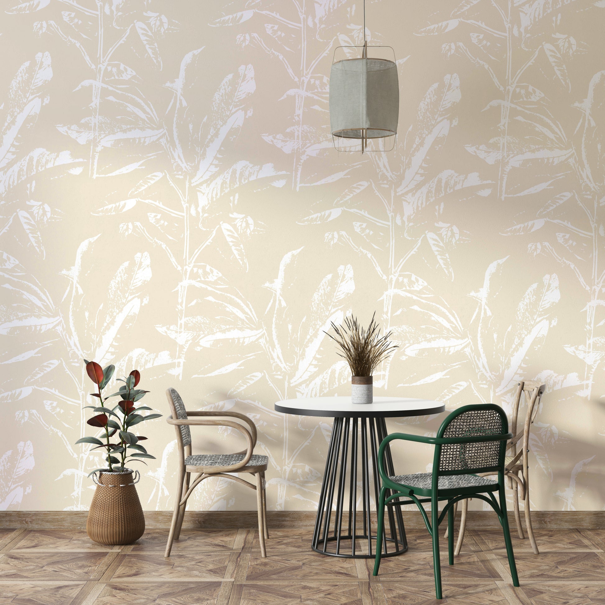 Hand-drawn botanical mural in subtle tones

