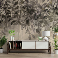 Minimalist botanical wallpaper in beige and grey

