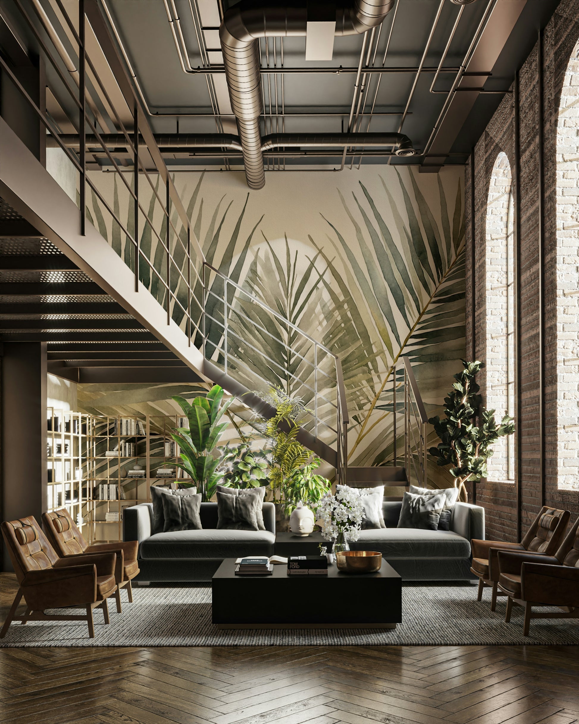 Layered palm leaf design wall mural

