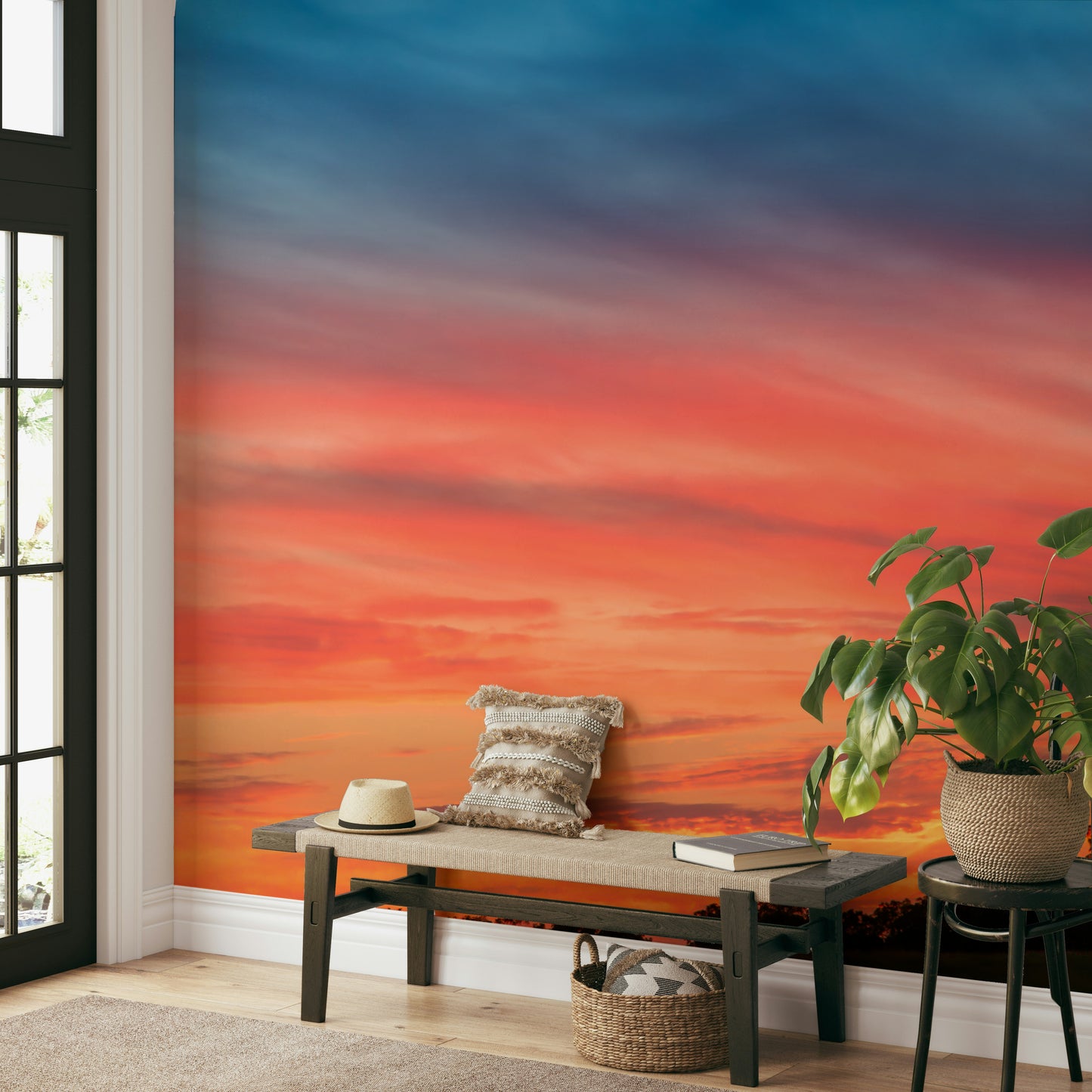 Warm countryside mural wallpaper with sunset

