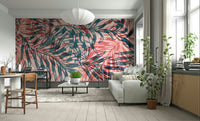 Layered leaf wall design in red and teal


