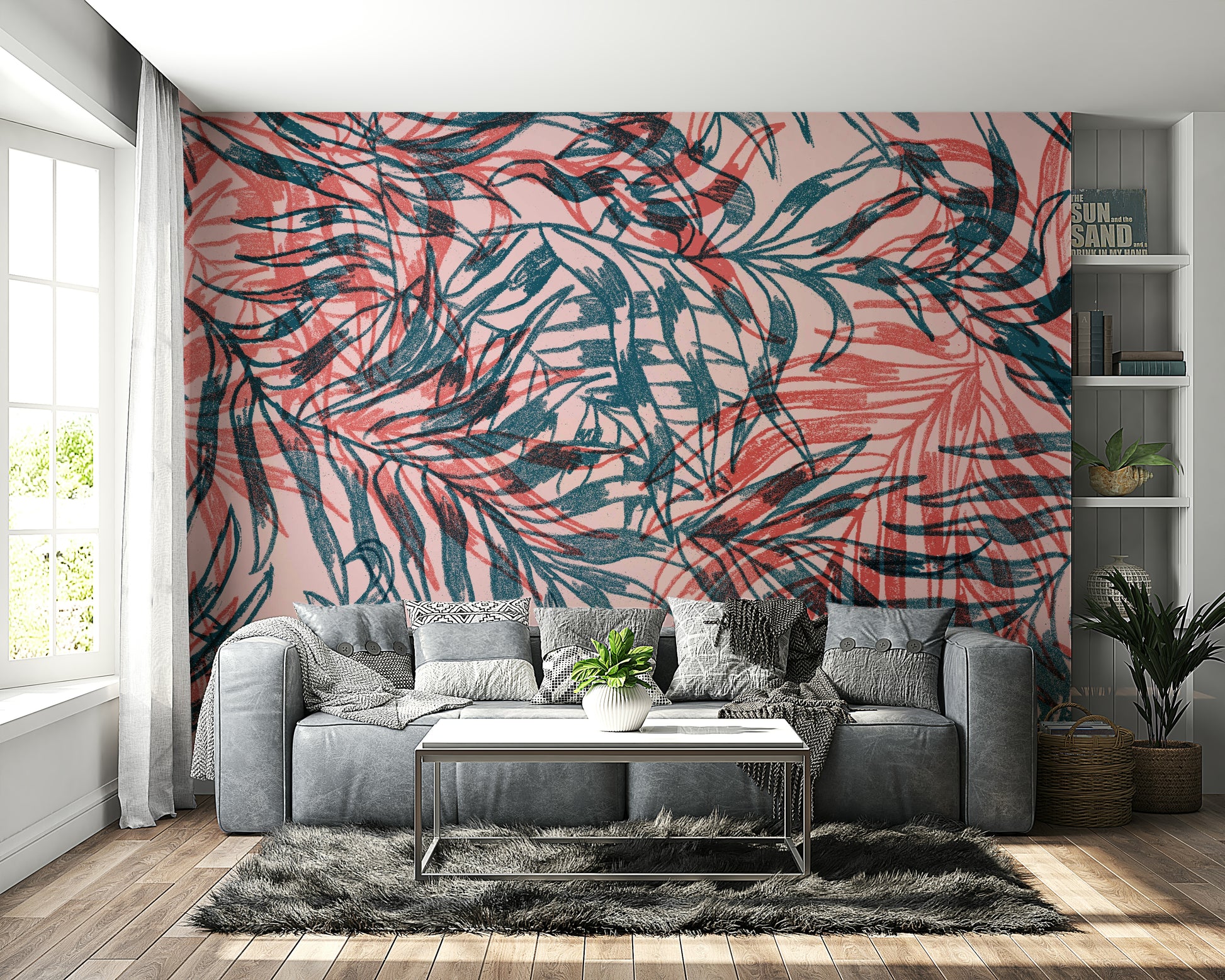 Contemporary leaf pattern mural wallpaper

