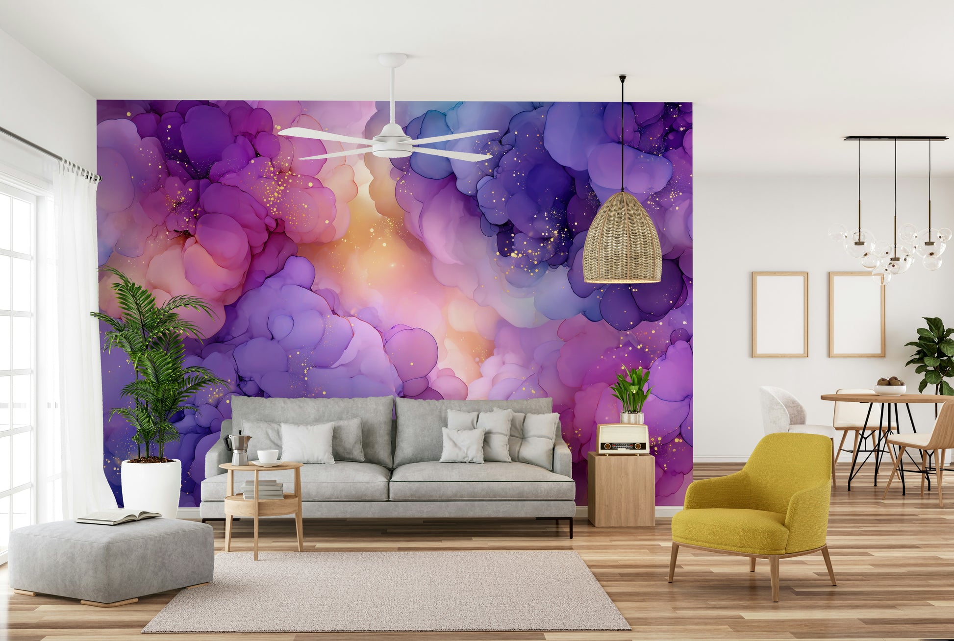 Mural wallpaper with floating cloud design

