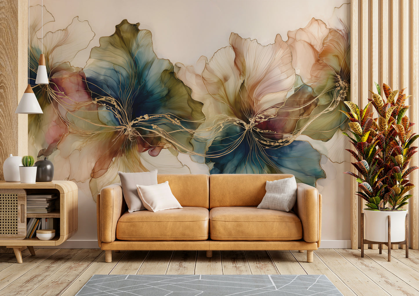 Full view of abstract floral wall mural


