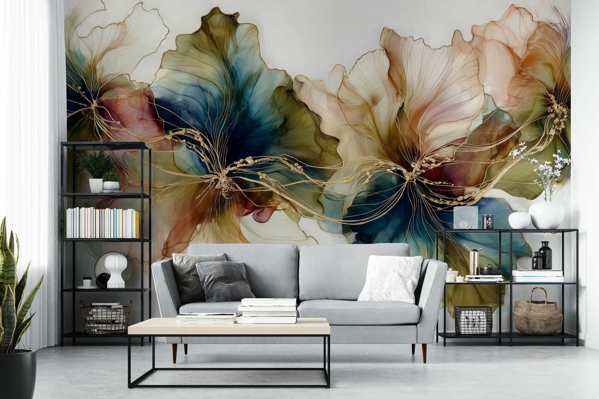 Soft ink strokes on flower wall mural

