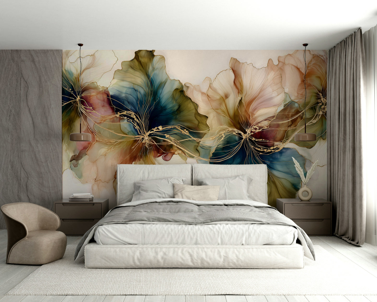 Flowing ink floral mural wallpaper design


