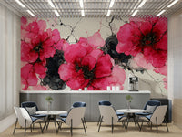 Artistic wall mural with crimson flowers

