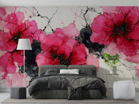 Bold red floral mural wallpaper design

