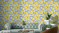 Yellow bird mural wallpaper with lemons


