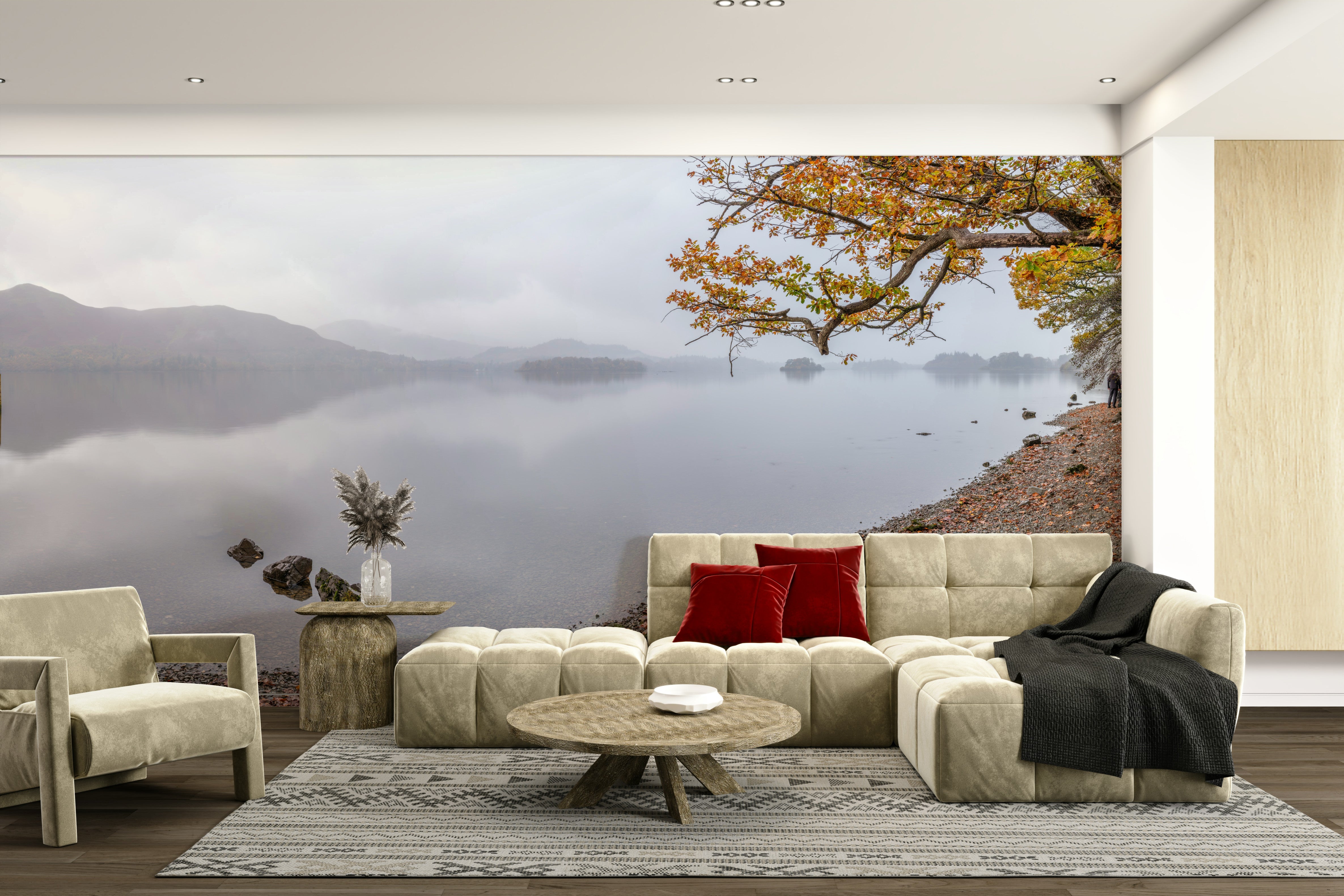 Autumn lake mural for living rooms

