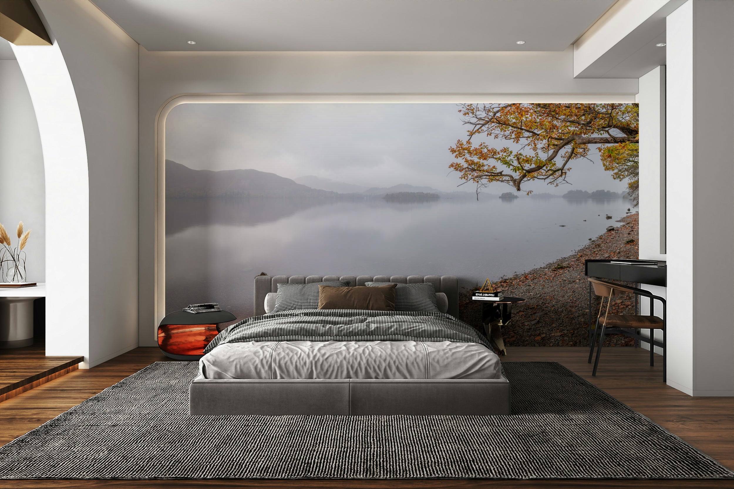 Derwentwater lake mural with autumn trees

