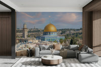 City view mural featuring Dome of the Rock


