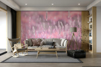 Subtle pink flowers in natural landscape mural


