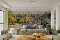 Soft village scene wallpaper with bridge

