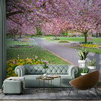 Park scene with blooming flowers and tree canopies

